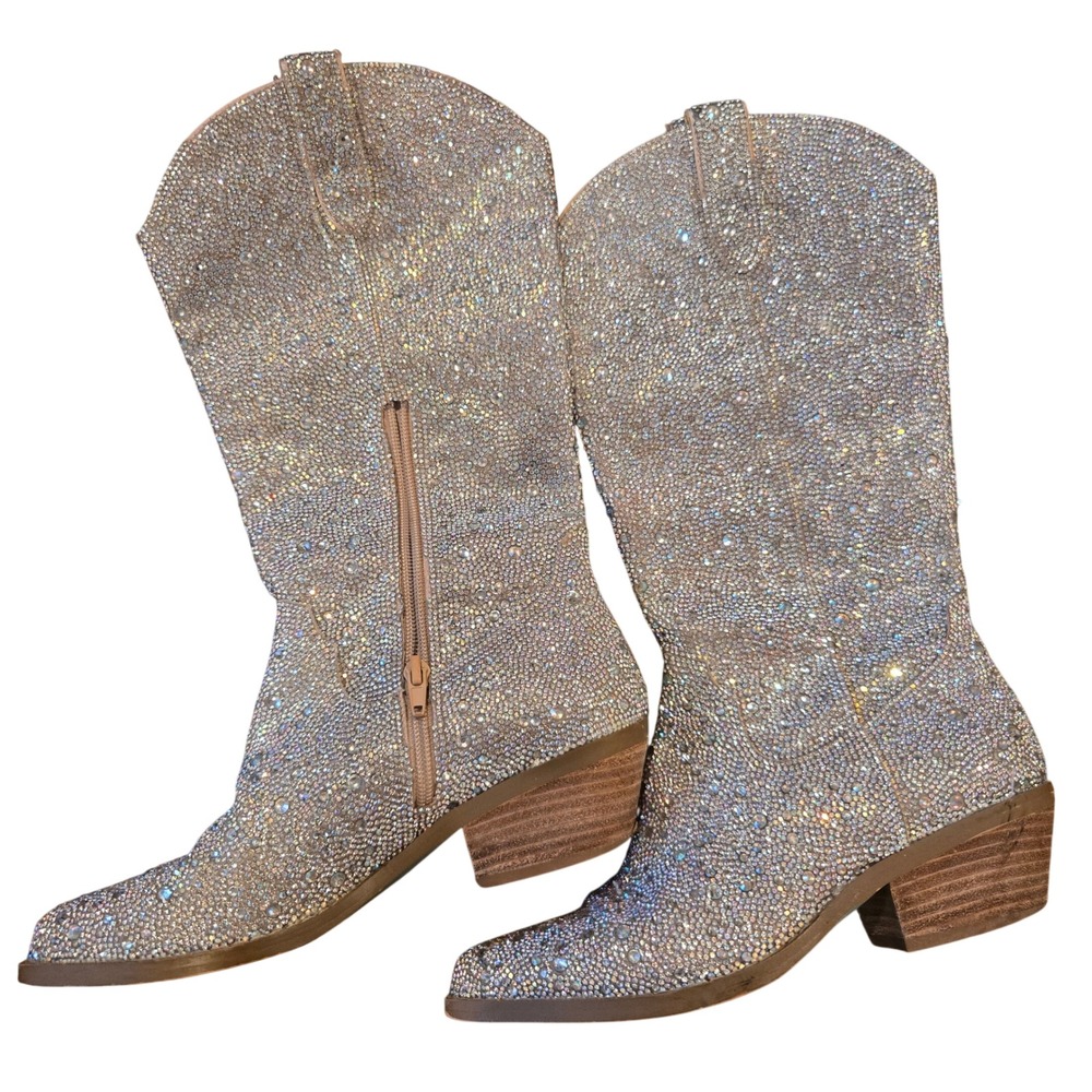 Betsey Johnson SB-UTAH Rhinestone‎ Western Cowboy Boots Silver Size 6.5M